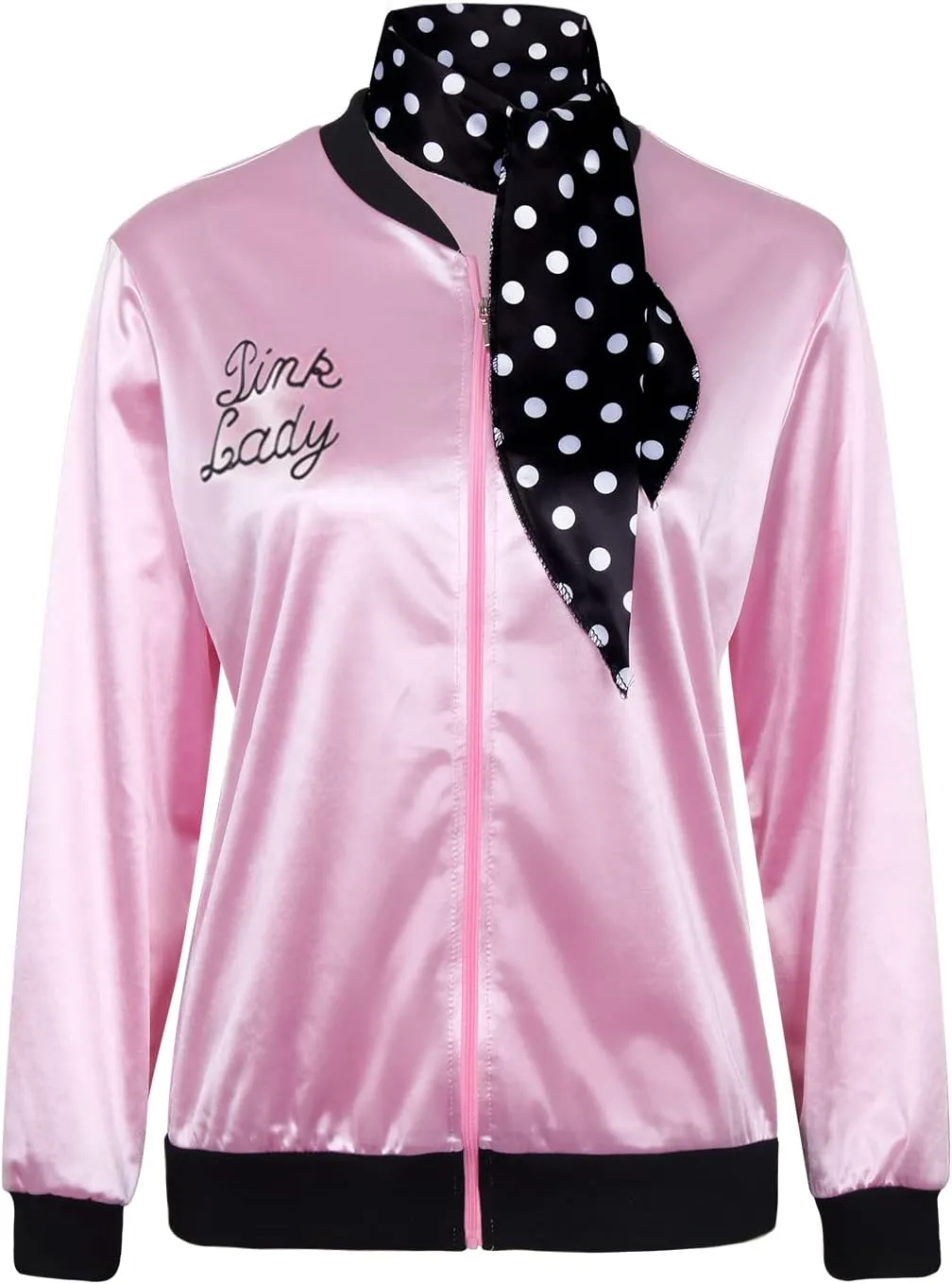 1950s Pink Satin Jacket with Neck Scarf Women Lady Girls Halloween Cosplay Costume Fancy Dress Up Coat
