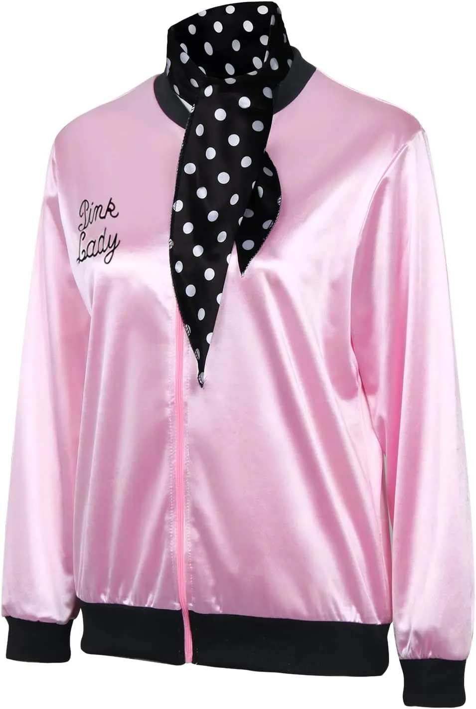 1950s Pink Satin Jacket with Neck Scarf Women Lady Girls Halloween Cosplay Costume Fancy Dress Up Coat