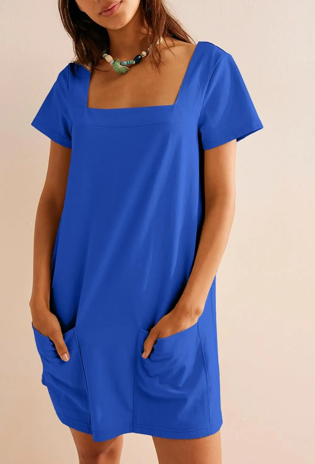 AlvaQ Womens Solid Color Casual Summer Square Neck Short Sleeve Mini Dresses with Pockets