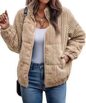 Angashion Women's Bomber Jacket Corduroy Ribbed Quilted Zip Up Long Sleeve Winter Coat Fall Outerwear Tops with Pockets
