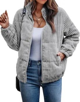 Angashion Women's Bomber Jacket Corduroy Ribbed Quilted Zip Up Long Sleeve Winter Coat Fall Outerwear Tops with Pockets