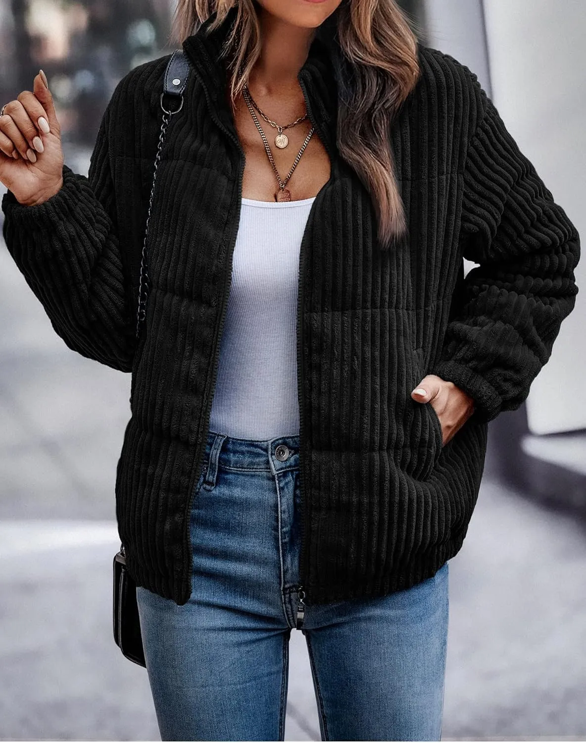 Angashion Women's Bomber Jacket Corduroy Ribbed Quilted Zip Up Long Sleeve Winter Coat Fall Outerwear Tops with Pockets