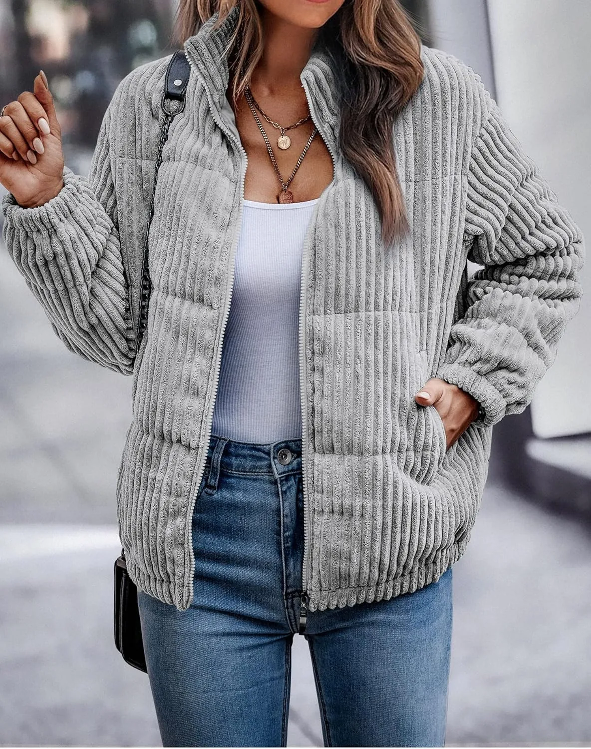 Angashion Women's Bomber Jacket Corduroy Ribbed Quilted Zip Up Long Sleeve Winter Coat Fall Outerwear Tops with Pockets