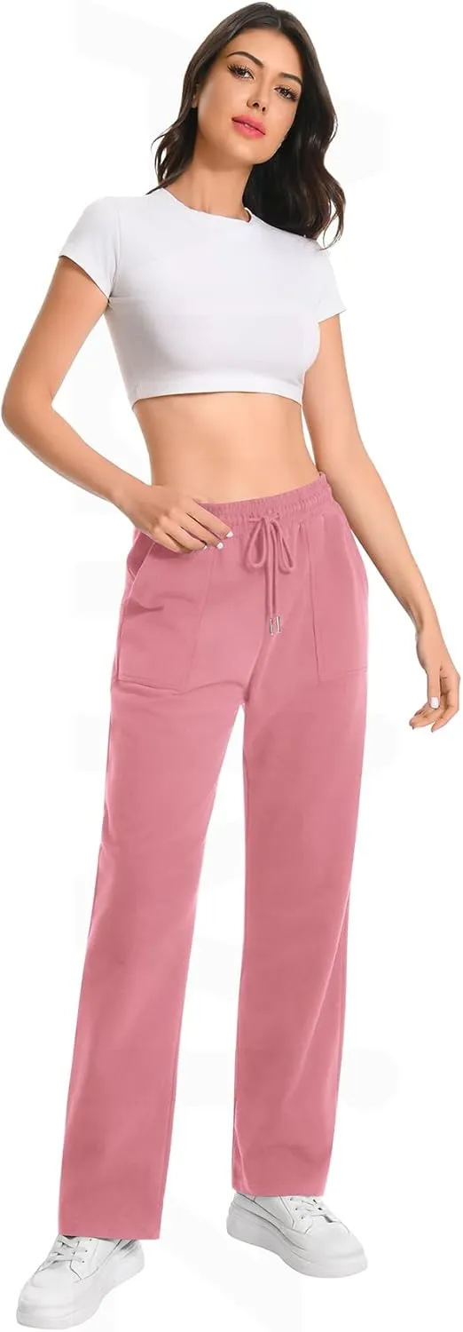 Auriviz Widen Waistband Sweat Pants for Women Exposed Pockets Lounge Sweatpants Straight Leg Pants 29 Inseam