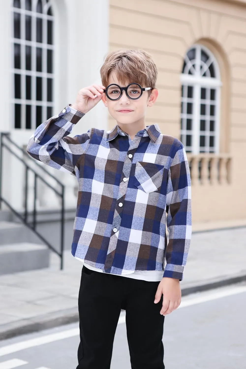 Betusline Boy and Men Button Down Plaid Shirt