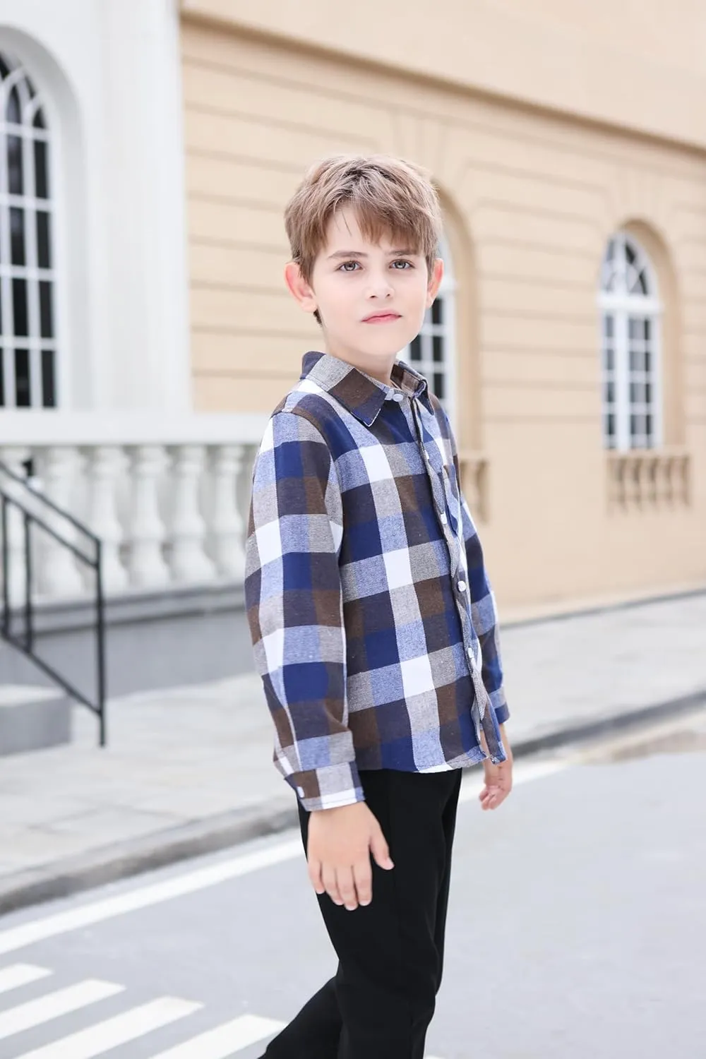 Betusline Boy and Men Button Down Plaid Shirt