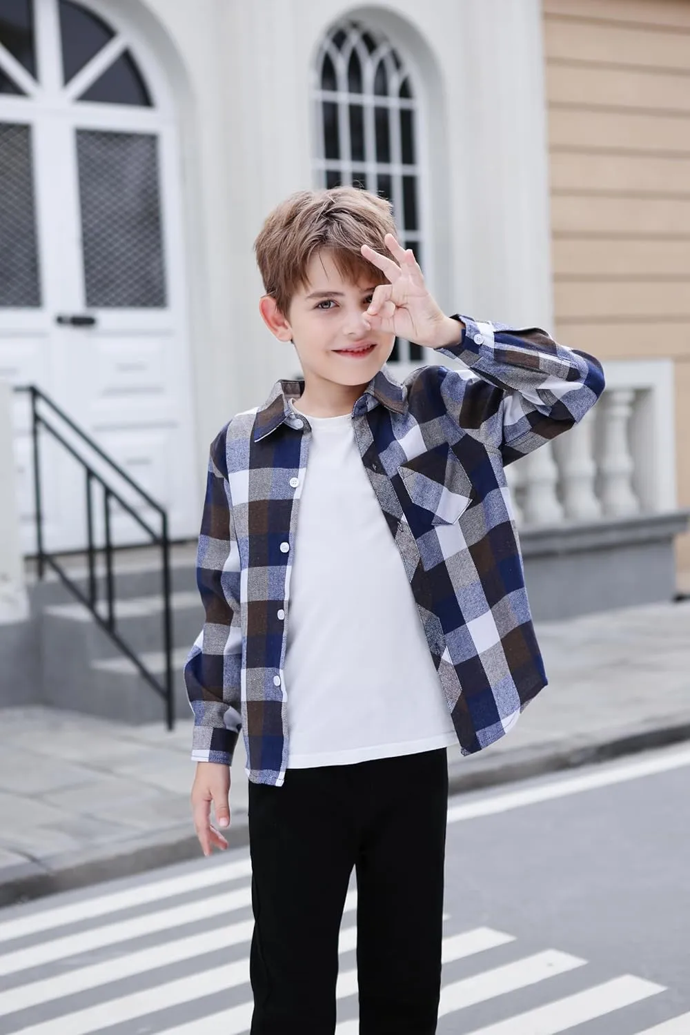 Betusline Boy and Men Button Down Plaid Shirt