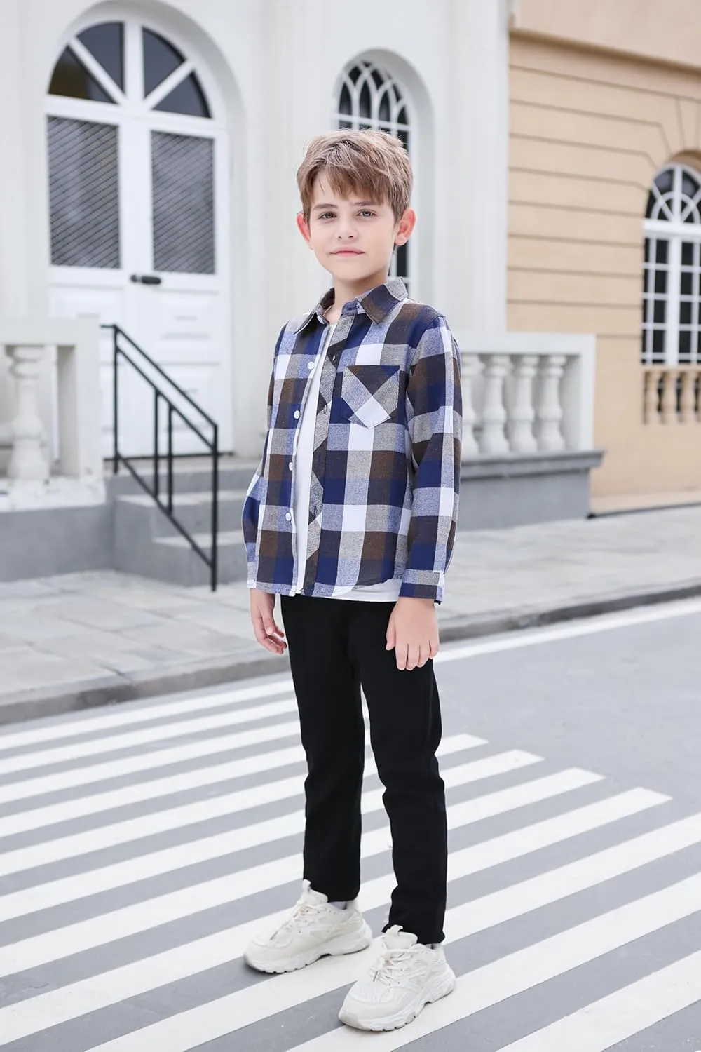 Betusline Boy and Men Button Down Plaid Shirt