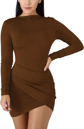 BORIFLORS Women's Sexy Wrap Front Long Sleeve Ruched Bodycon Mini Club Dress