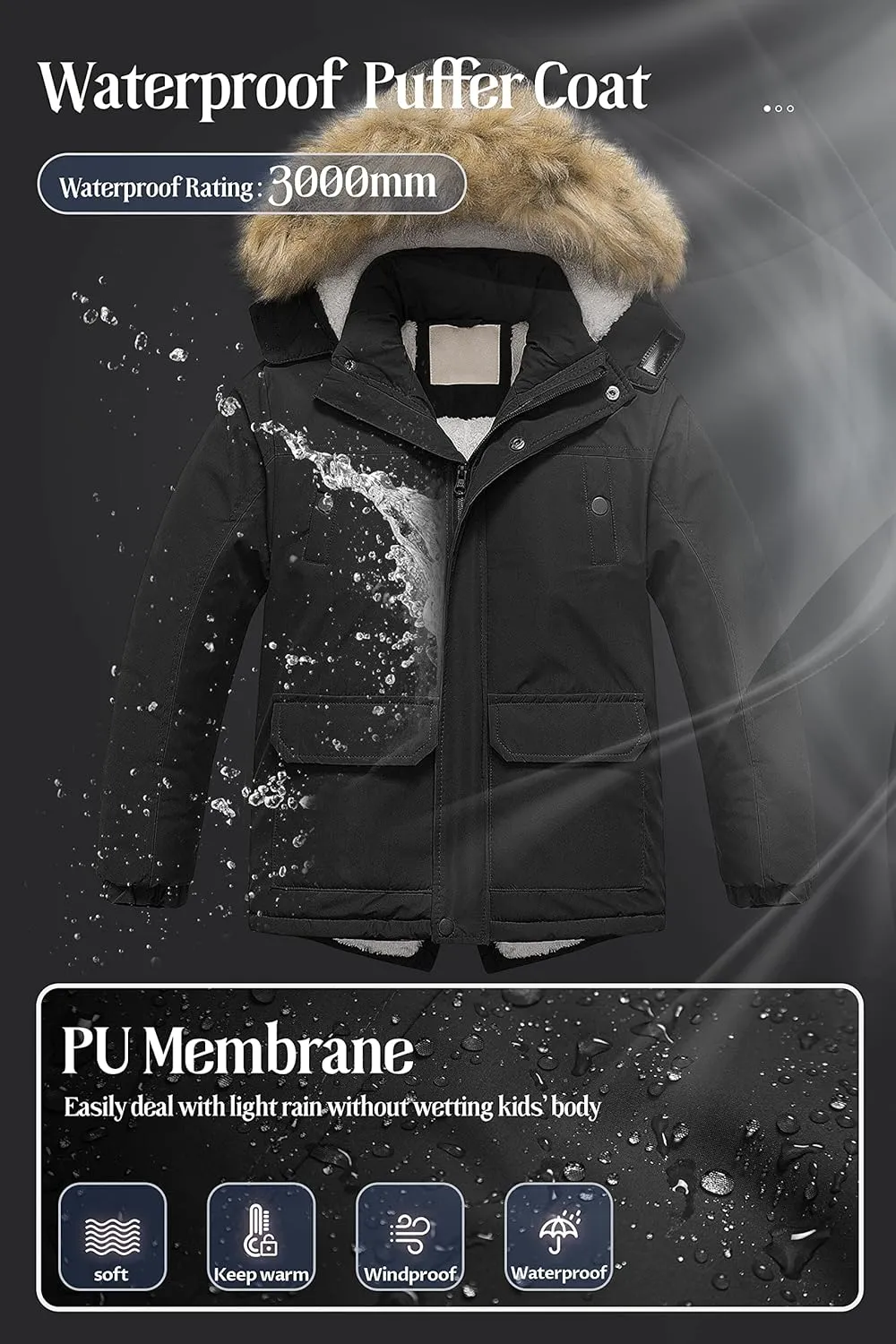 Chrisuno Boy's Waterproof Winter Sherpa Parka Coat Med-Length Outerwear Jackets With Detachable Furry Hood