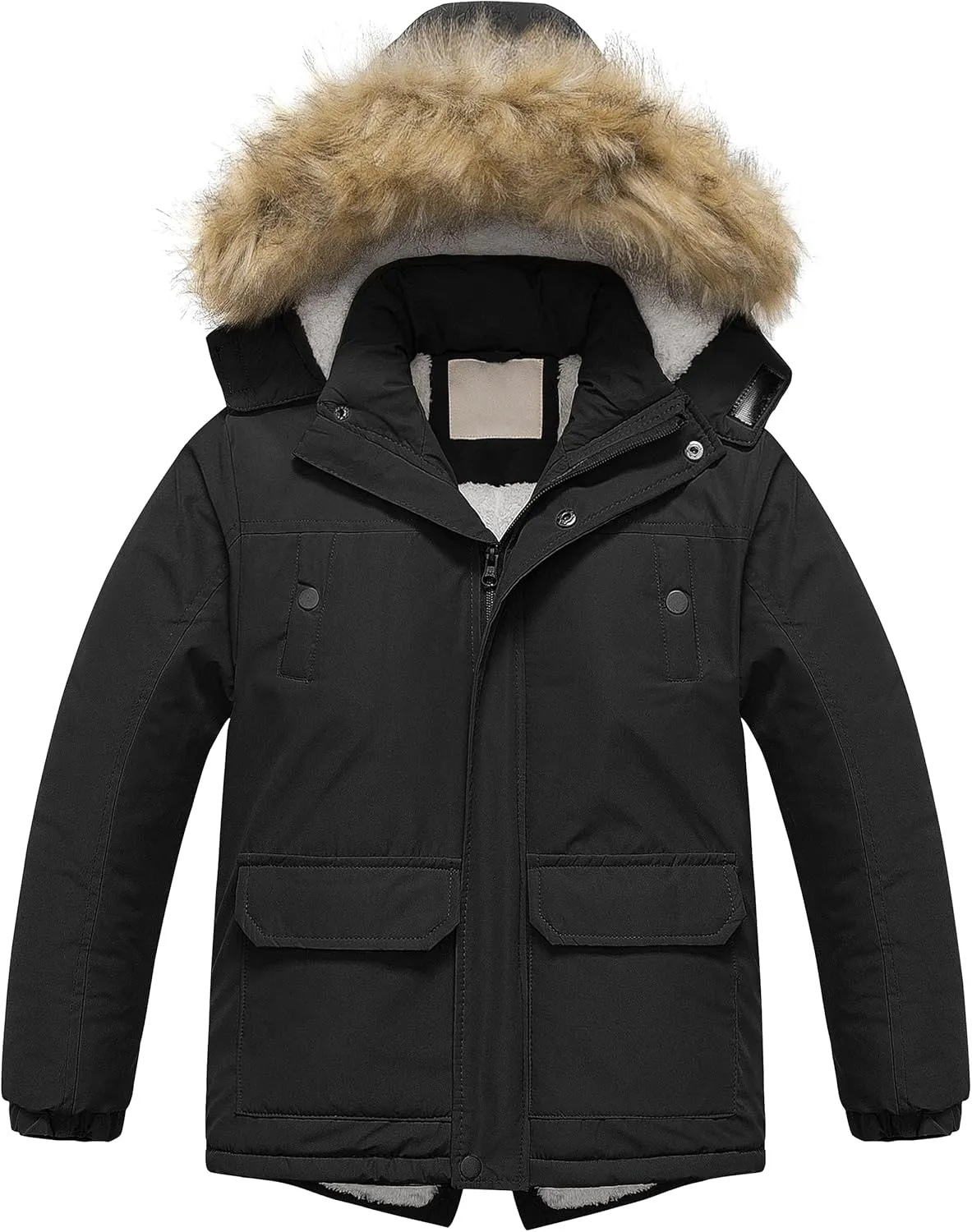 Chrisuno Boy's Waterproof Winter Sherpa Parka Coat Med-Length Outerwear Jackets With Detachable Furry Hood