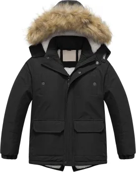 Chrisuno Boy's Waterproof Winter Sherpa Parka Coat Med-Length Outerwear Jackets With Detachable Furry Hood