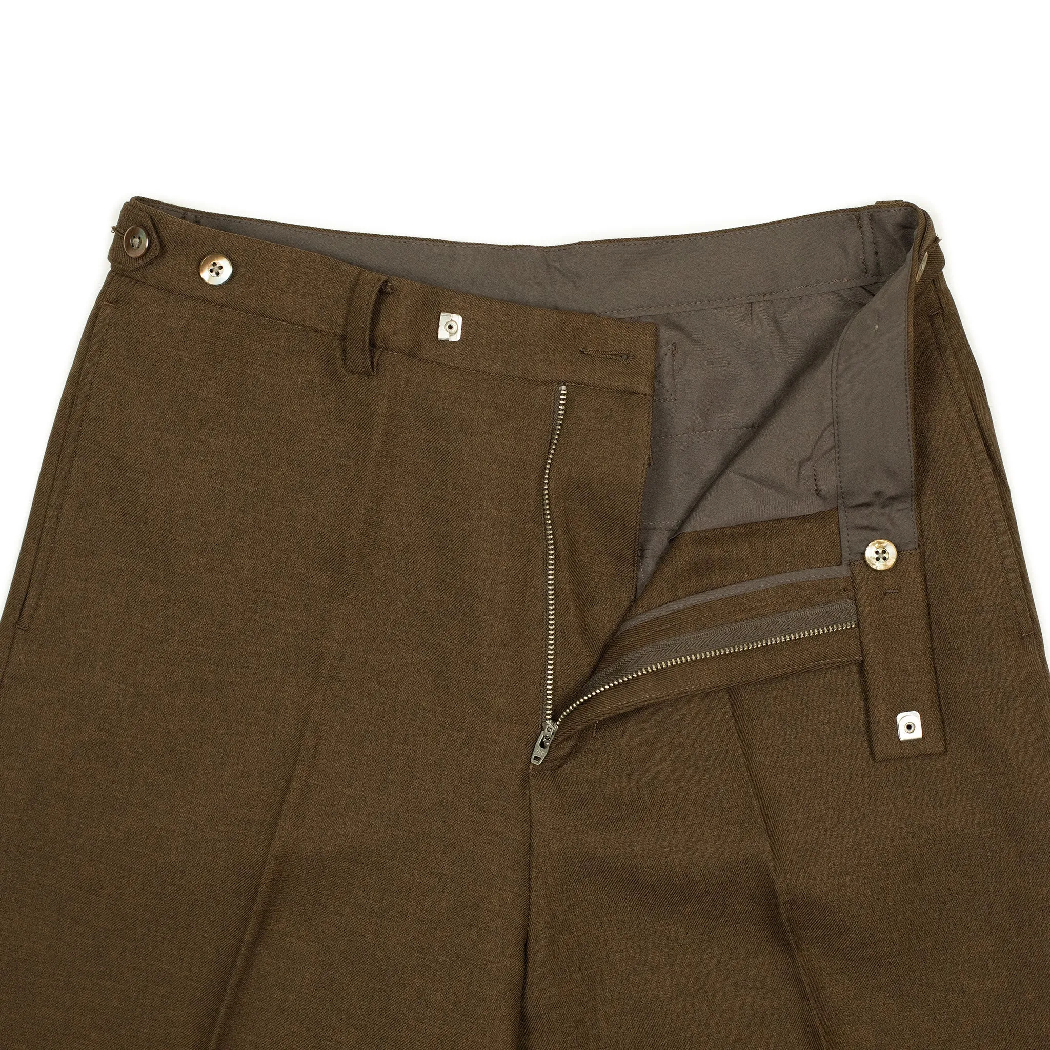 Cinch-back trousers in chocolate brown poly double cloth