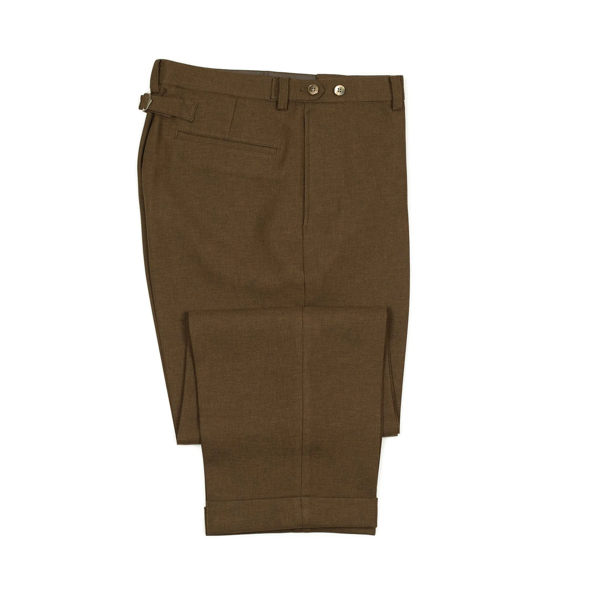 Cinch-back trousers in chocolate brown poly double cloth