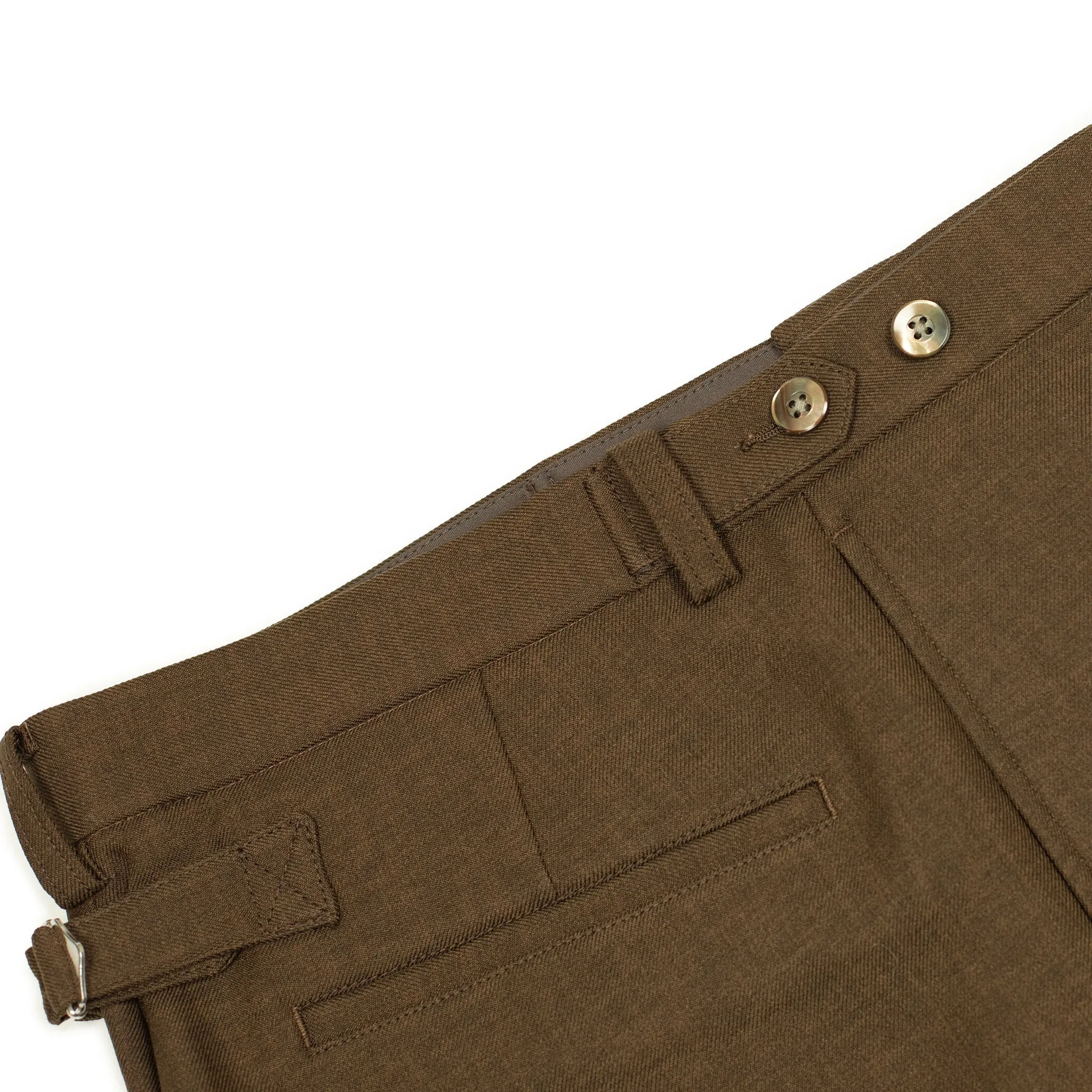Cinch-back trousers in chocolate brown poly double cloth