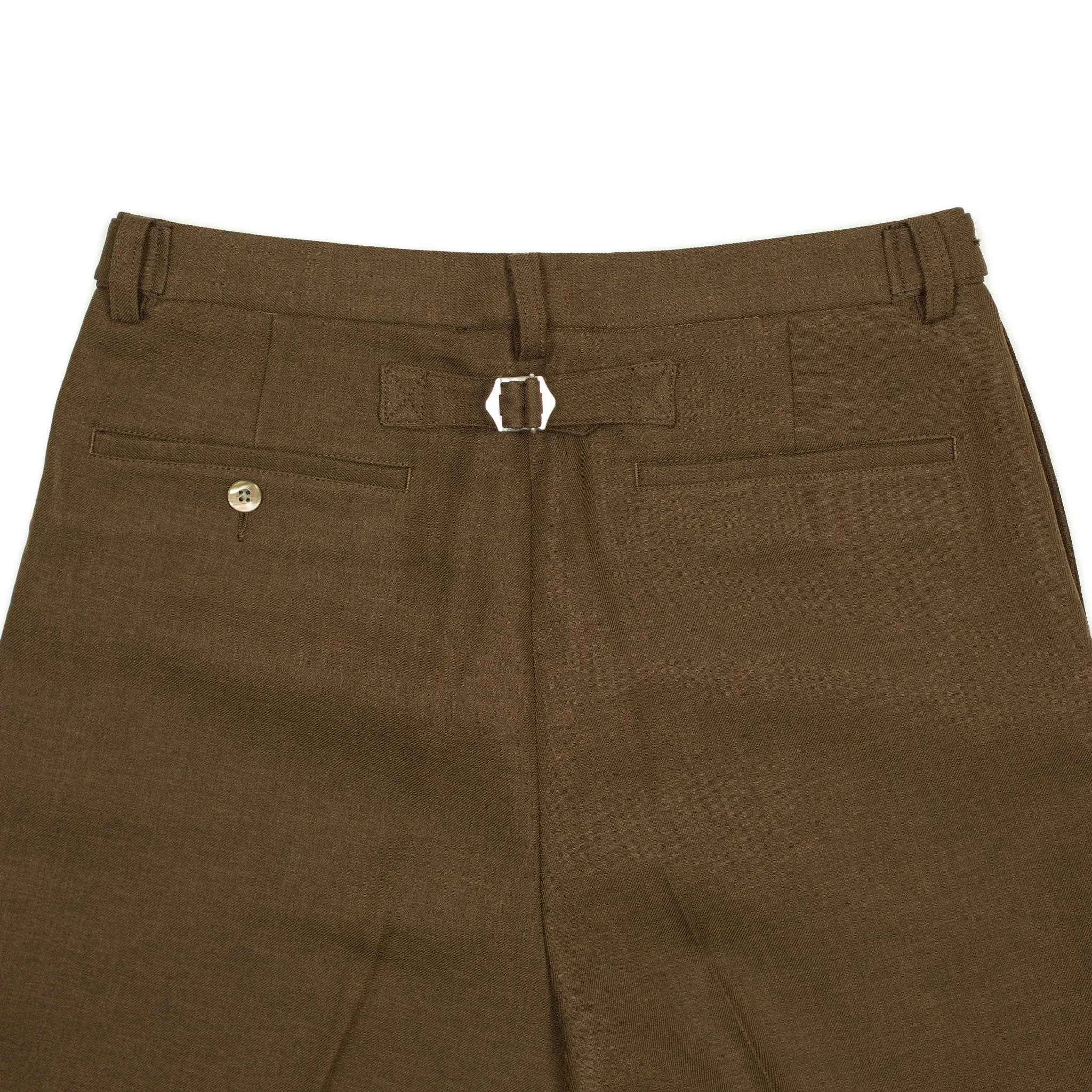 Cinch-back trousers in chocolate brown poly double cloth