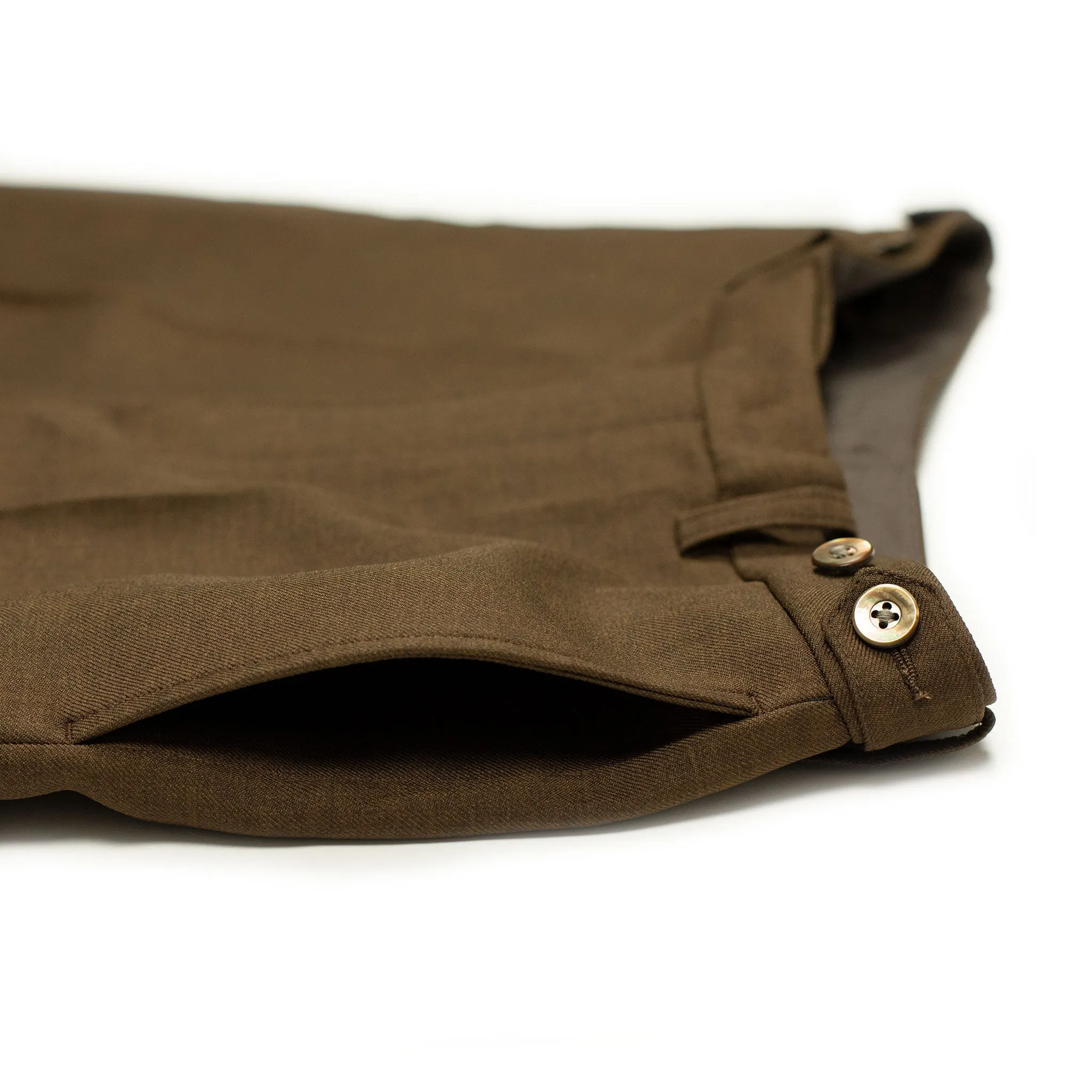 Cinch-back trousers in chocolate brown poly double cloth