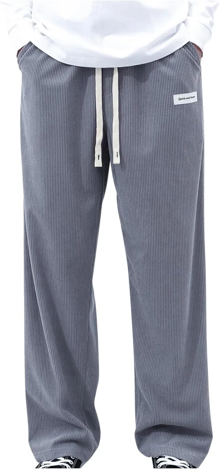 Corduroy Pants Men Relaxed Fit Drawstring Elastic Waist Baggy Chino Pants Wide Wale Pants Twill Slacks with Pockets