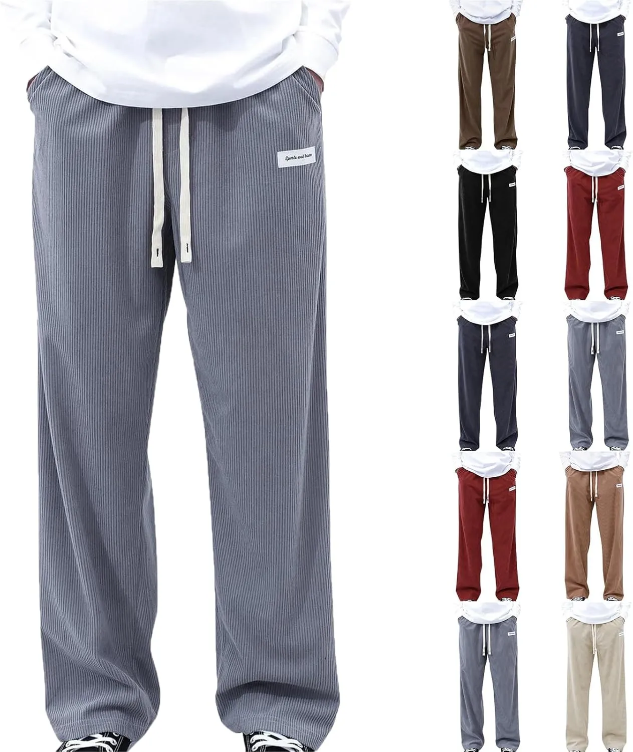 Corduroy Pants Men Relaxed Fit Drawstring Elastic Waist Baggy Chino Pants Wide Wale Pants Twill Slacks with Pockets