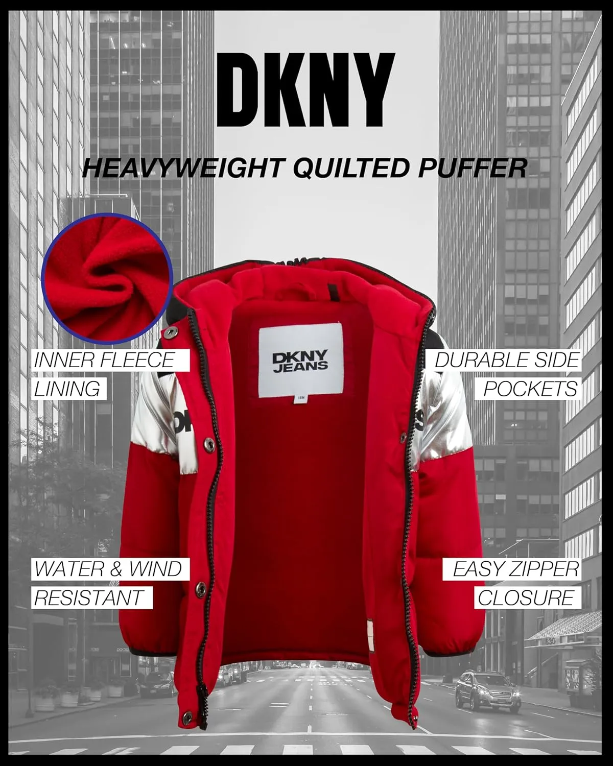 DKNY Baby Boys' Winter Jacket - Quilted Fleece Lined Puffer Parka Coat - Heavyweight Winter Coat for Infants (Sizes: 12M-24M)