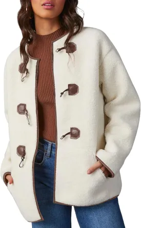 Dokotoo Womens Long Sleeve Jackets Fashion Faux Shearling Oversized Color Block Button Sherpa Jacket Coats