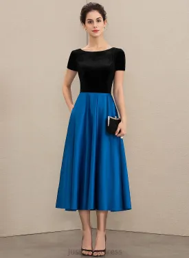 Dress Pockets With the Bride Louise Velvet Tea-Length Scoop of Mother of the Bride Dresses Satin Neck Mother A-Line