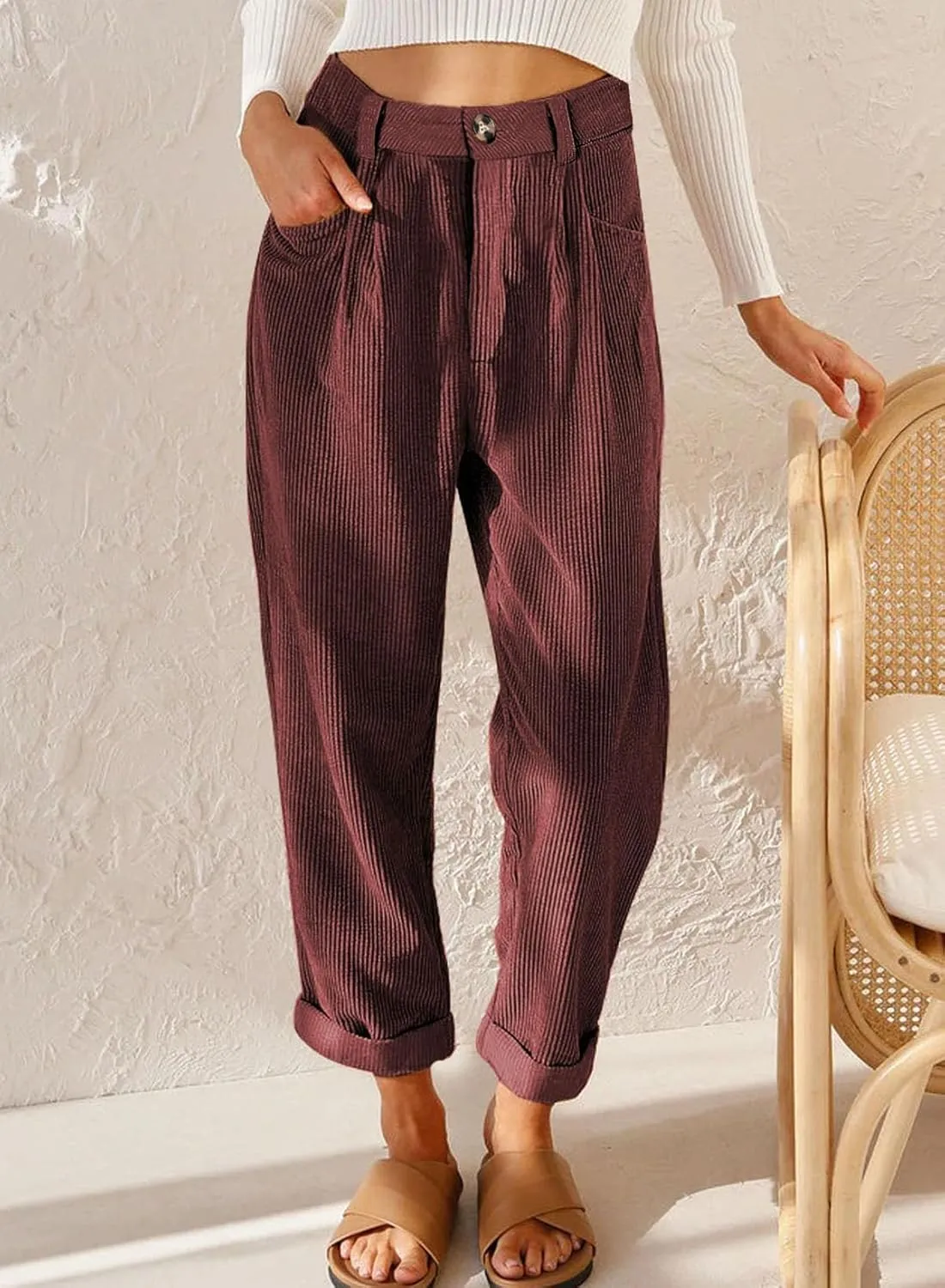 EVALESS Corduroy Pants for Women Casual High Waisted Straight Leg Pants Loose Comfy Trousers with Pockets