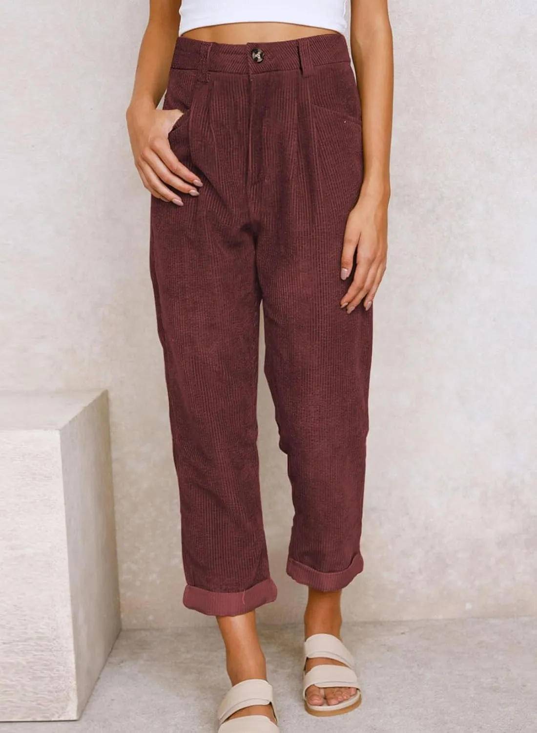 EVALESS Corduroy Pants for Women Casual High Waisted Straight Leg Pants Loose Comfy Trousers with Pockets