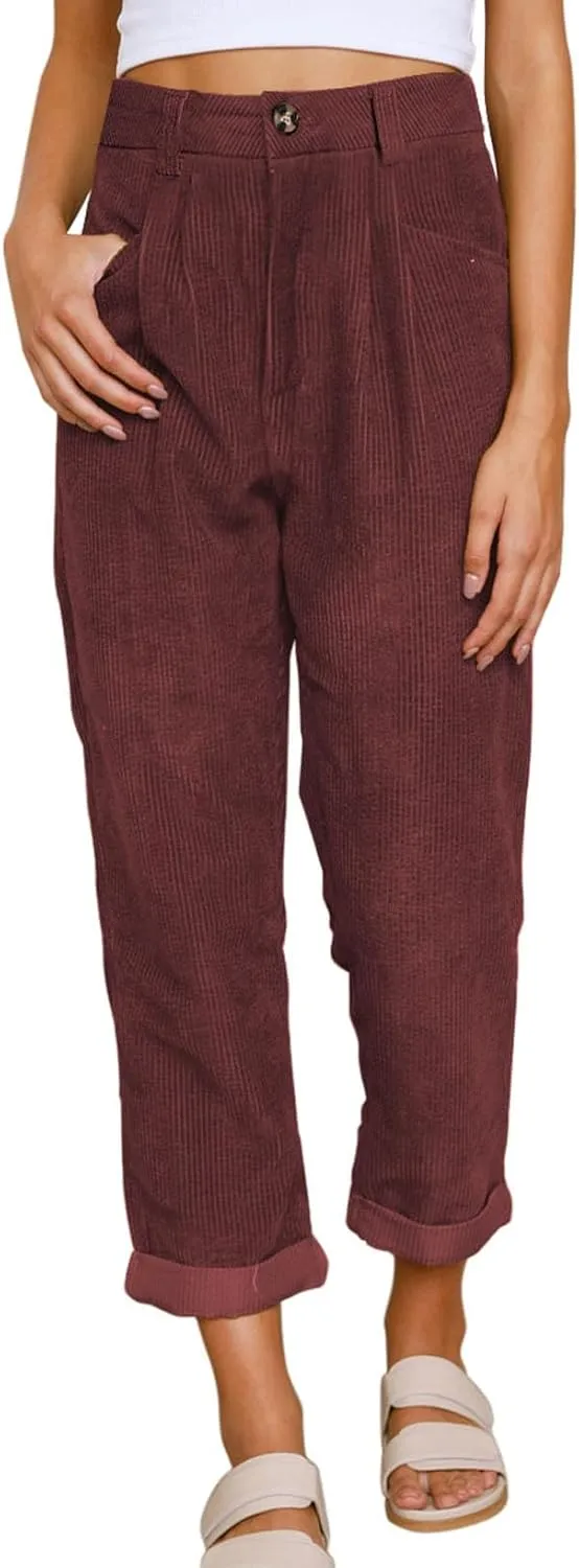 EVALESS Corduroy Pants for Women Casual High Waisted Straight Leg Pants Loose Comfy Trousers with Pockets