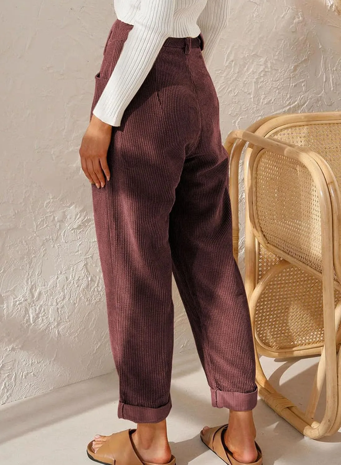 EVALESS Corduroy Pants for Women Casual High Waisted Straight Leg Pants Loose Comfy Trousers with Pockets