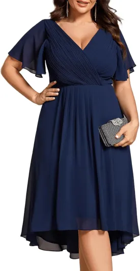 Ever-Pretty Plus Women‘s Short Sleeves V Neck A Line Chiffon Knee Length Plus Size Cocktail Dress for Curvy Women