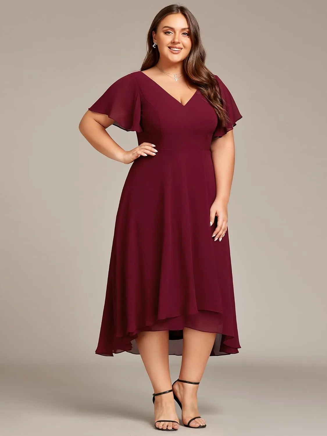 Ever-Pretty Women's Plus Size V Neck Asymmetric Hem Chiffon Wedding Guest Dress 01756-DA