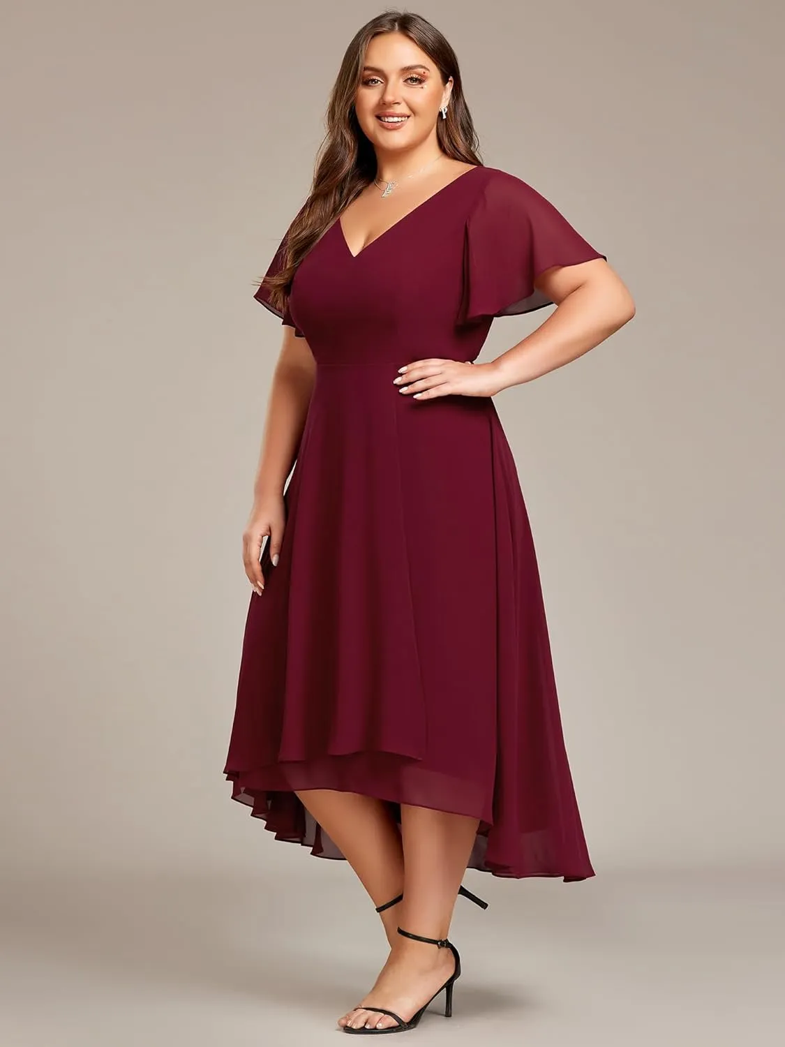 Ever-Pretty Women's Plus Size V Neck Asymmetric Hem Chiffon Wedding Guest Dress 01756-DA