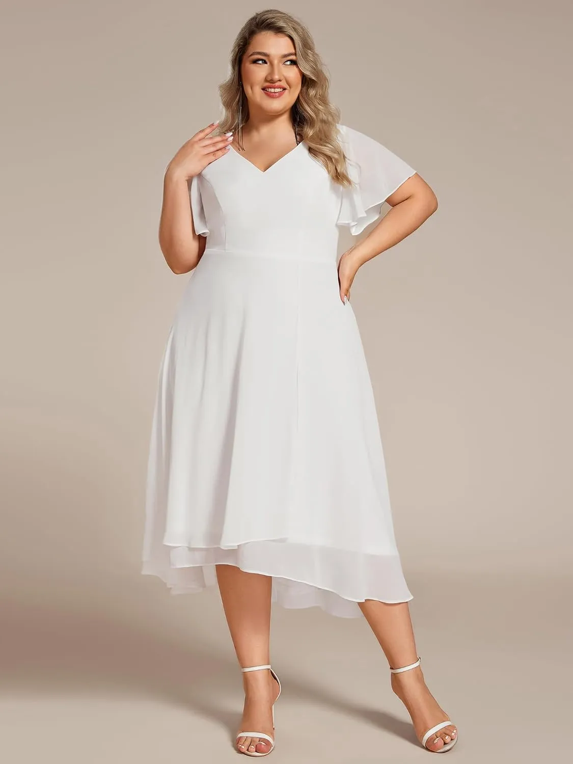 Ever-Pretty Women's Plus Size V Neck Asymmetric Hem Chiffon Wedding Guest Dress 01756-DA