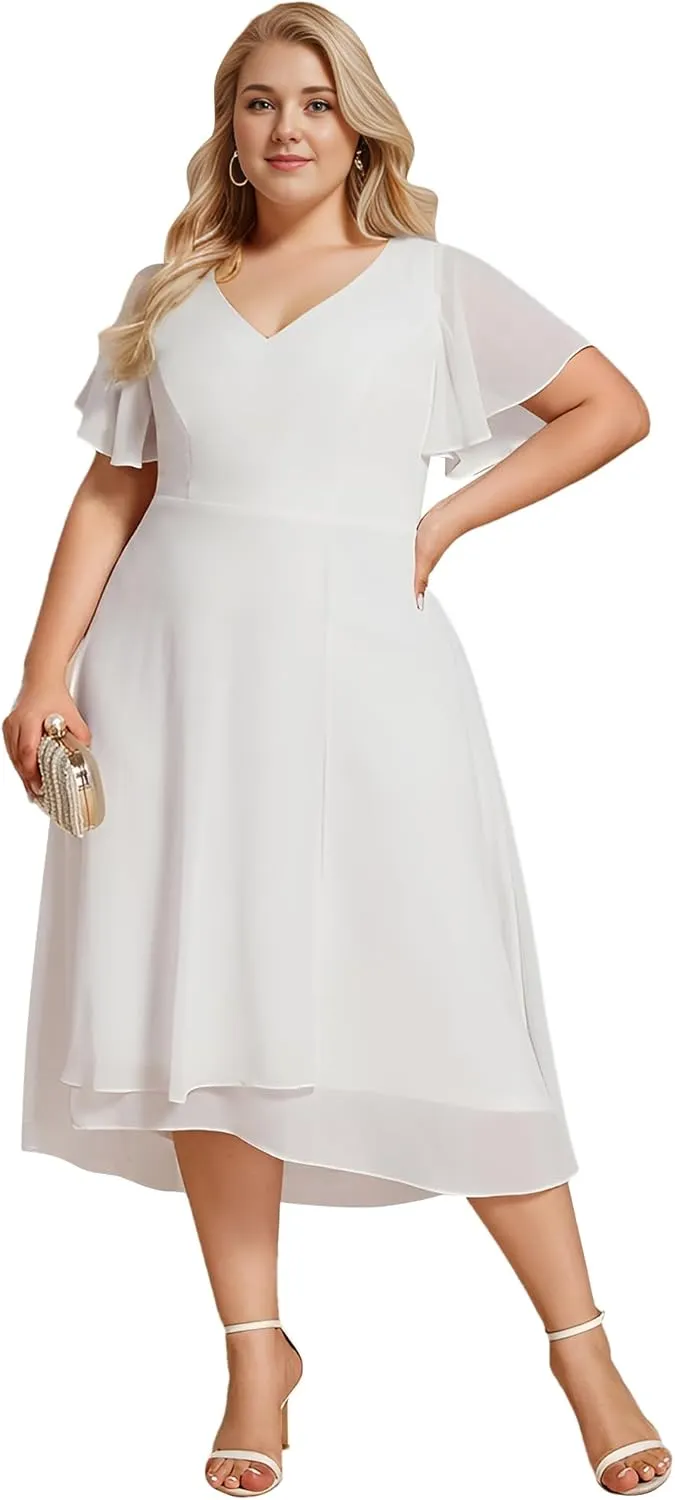 Ever-Pretty Women's Plus Size V Neck Asymmetric Hem Chiffon Wedding Guest Dress 01756-DA