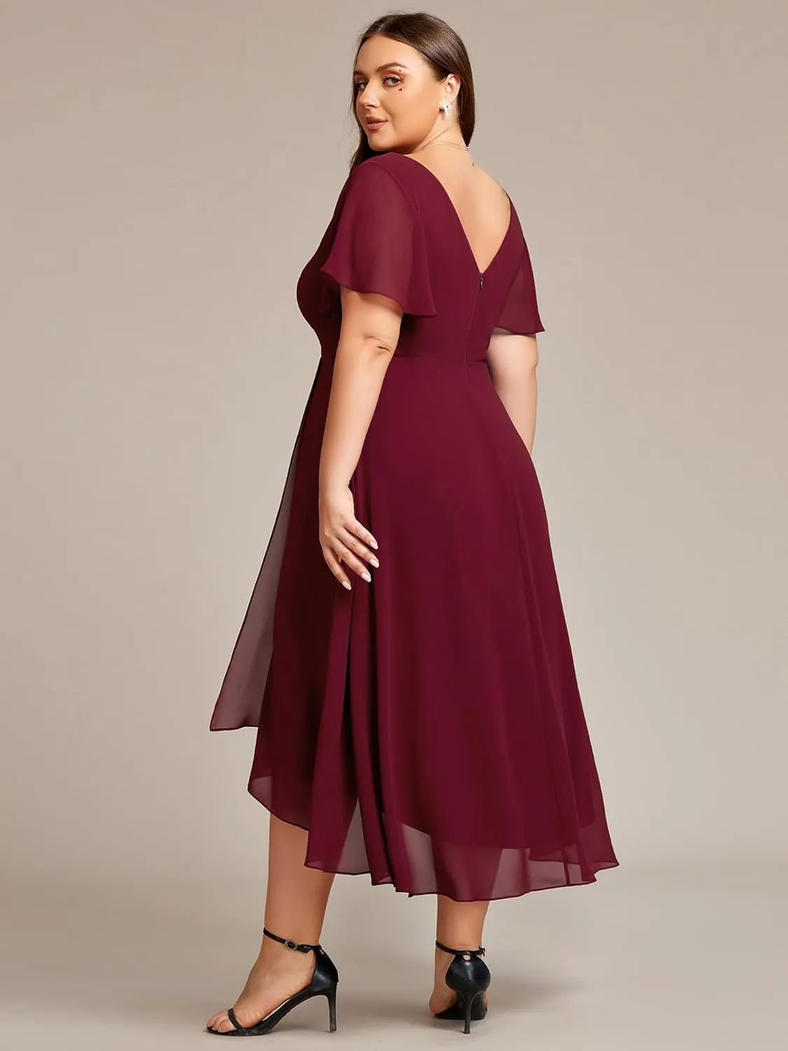 Ever-Pretty Women's Plus Size V Neck Asymmetric Hem Chiffon Wedding Guest Dress 01756-DA