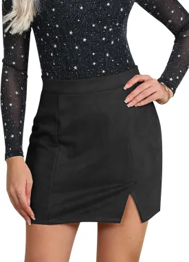 Ezcosplay Women Faux Suede Sexy Mini Skirt with Slit High Waisted Zipper Back Pencil Bodycon Short Skirts