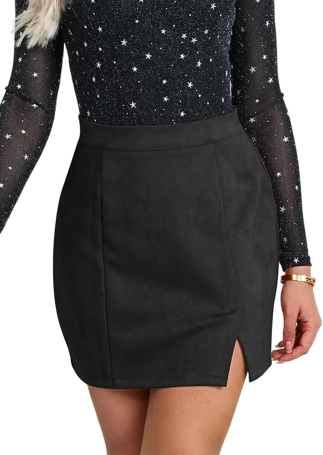 Ezcosplay Women Faux Suede Sexy Mini Skirt with Slit High Waisted Zipper Back Pencil Bodycon Short Skirts
