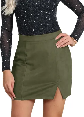 Ezcosplay Women Faux Suede Sexy Mini Skirt with Slit High Waisted Zipper Back Pencil Bodycon Short Skirts