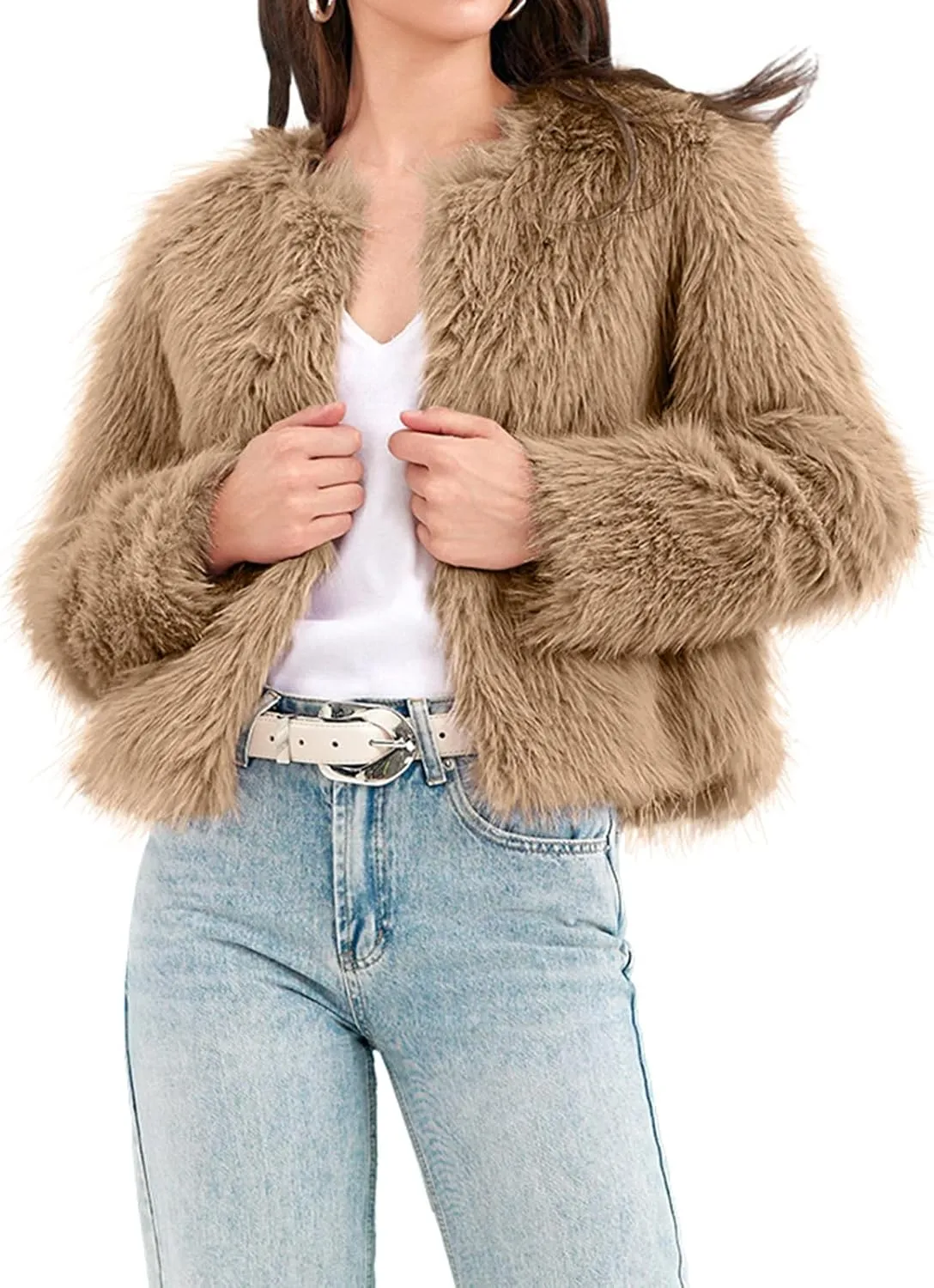 Fisoew Womens Faux Fur Coat Long Sleeve Cropped Fleece Open Front Short Jacket Outerwear