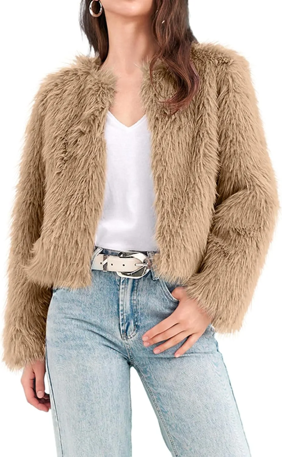 Fisoew Womens Faux Fur Coat Long Sleeve Cropped Fleece Open Front Short Jacket Outerwear