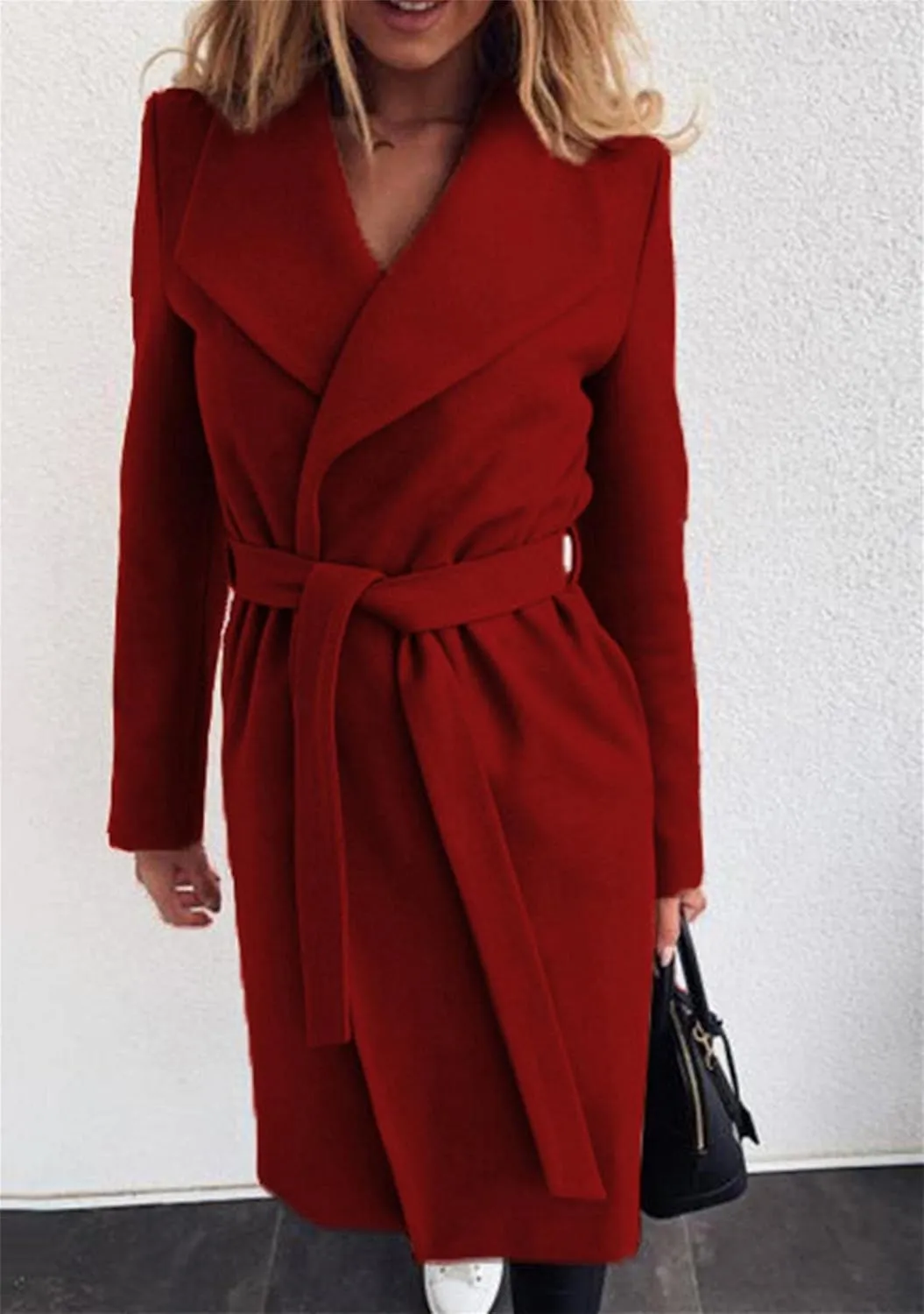 FLITAY Women's Shawl Collar Lapel Winter Belted Lightweight Coat Fashion Wrap Overcoat with Pockets