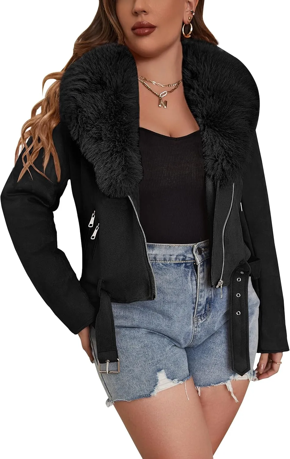 Geschallino Women's Faux Suede Leather Jacket Winter Plus Size Hooded Jacket Warm Fleece lined Dress Belt Coat (1X-5X)