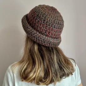 Handmade brown, grey and orange chunky crochet bowler hat