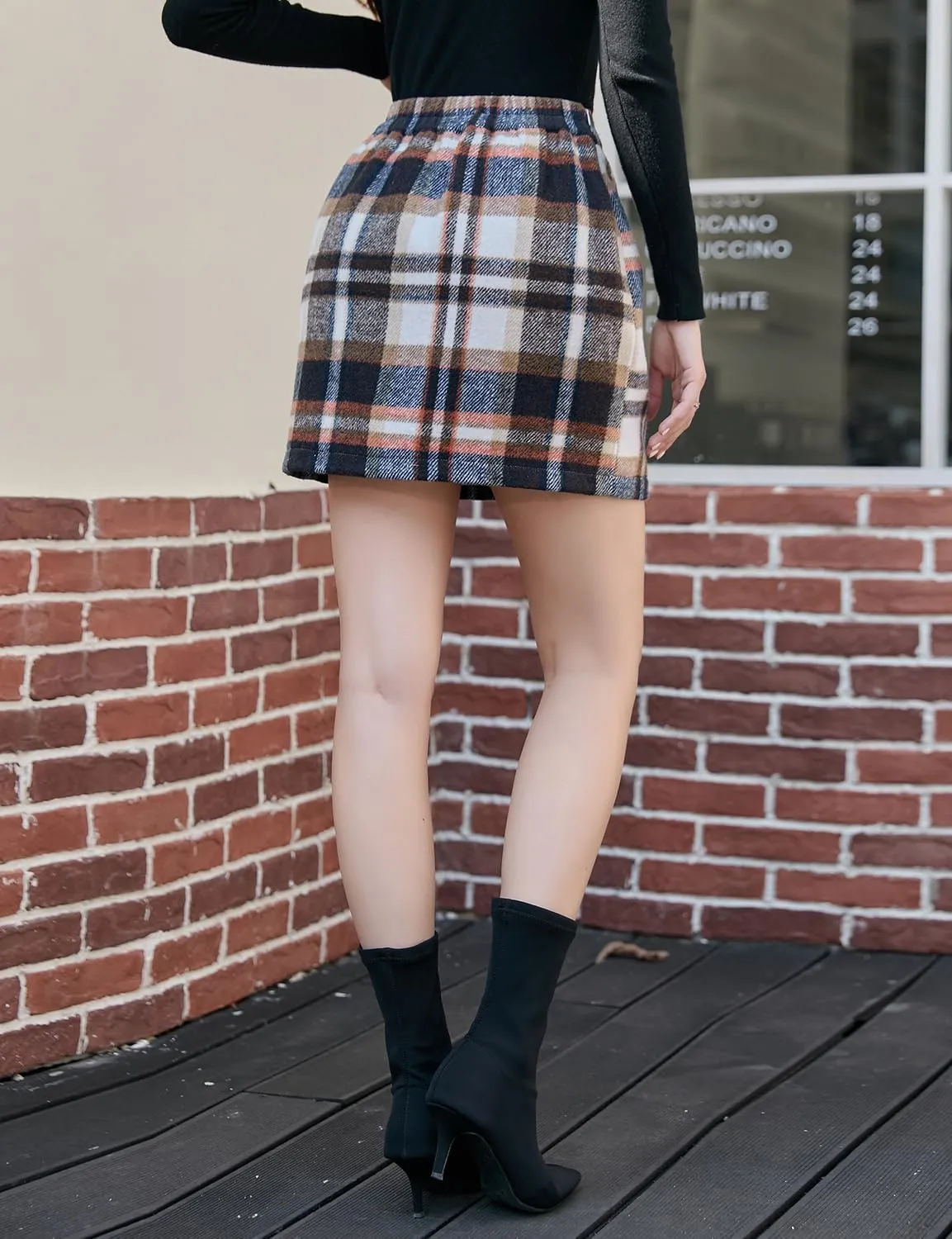 IDEALSANXUN Womens Wool Plaid Mini Skirt Fall Winter High Elastic Waist Short Pencil Skirt