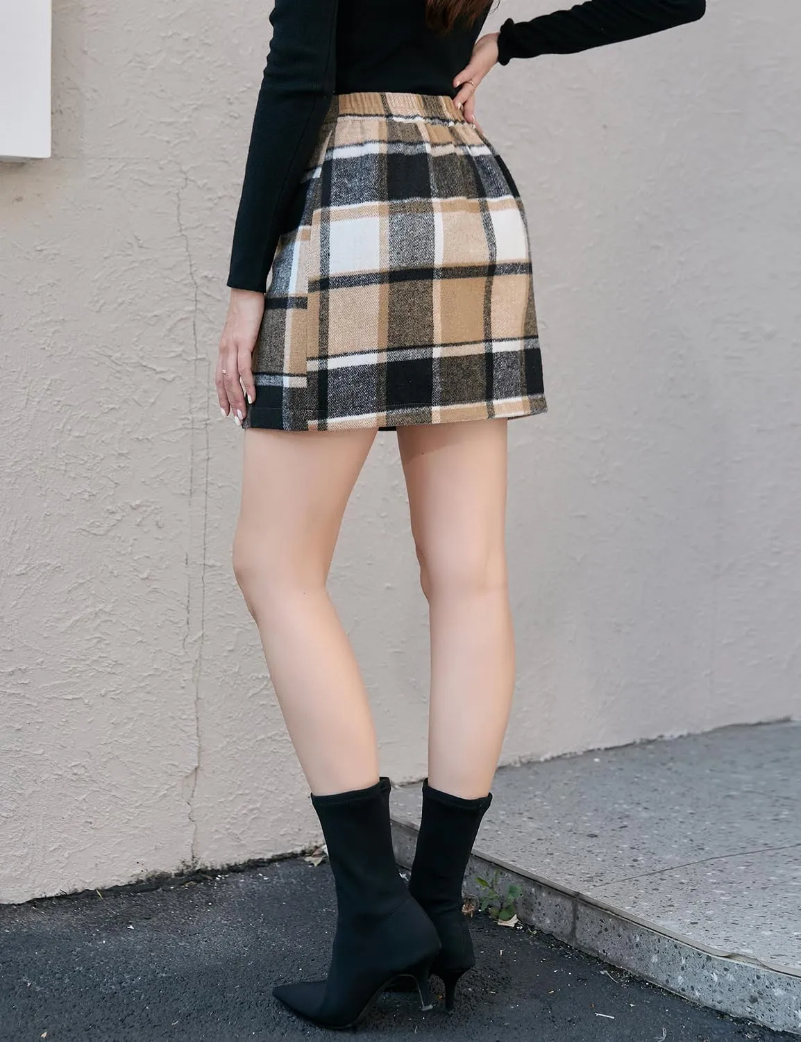 IDEALSANXUN Womens Wool Plaid Mini Skirt Fall Winter High Elastic Waist Short Pencil Skirt