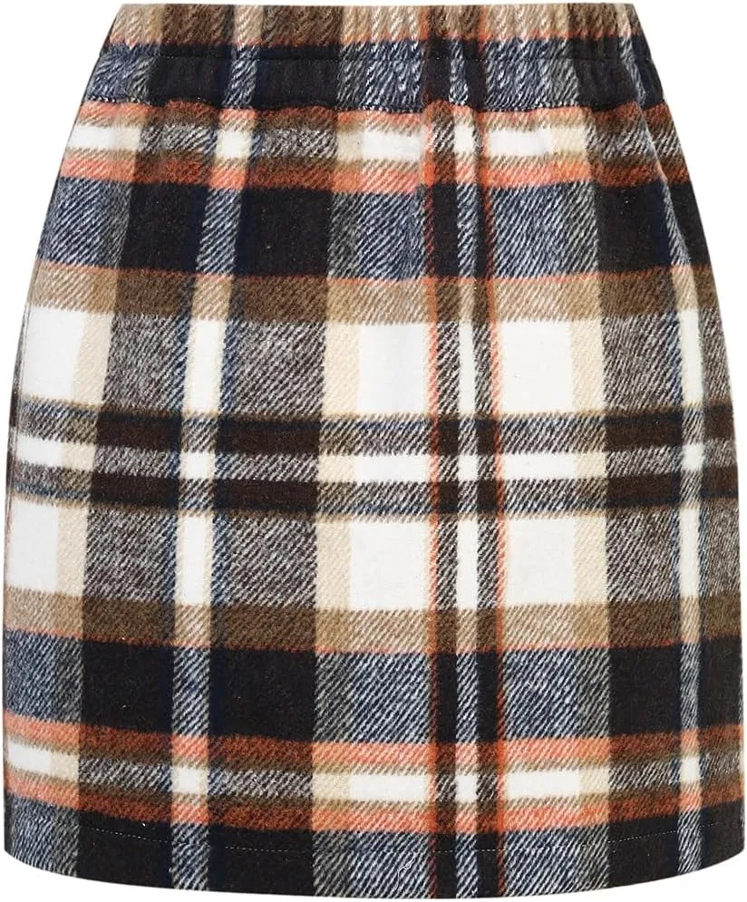 IDEALSANXUN Womens Wool Plaid Mini Skirt Fall Winter High Elastic Waist Short Pencil Skirt