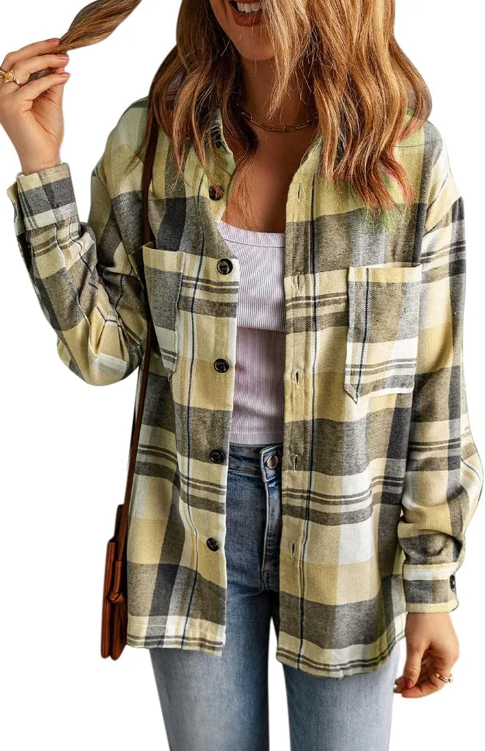 KINLONSAIR Womens Casual Flannel Plaid Shirts Oversized Lightweight Fall Shirt Coat Long Sleeve Button Down Blouse Tops