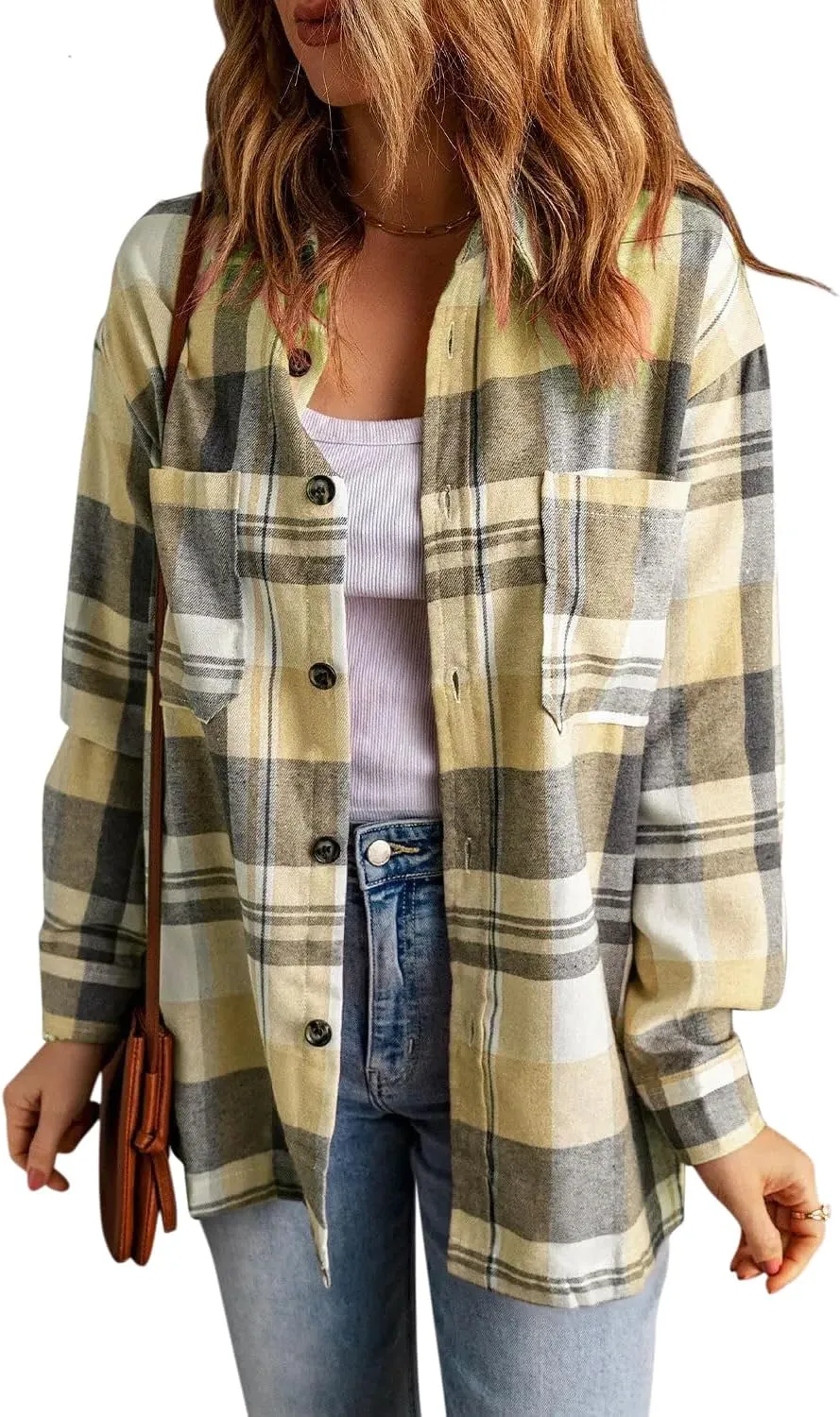 KINLONSAIR Womens Casual Flannel Plaid Shirts Oversized Lightweight Fall Shirt Coat Long Sleeve Button Down Blouse Tops