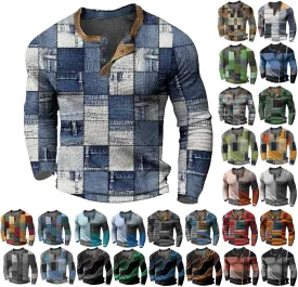 Long Sleeve Henley Shirts for Men Casual 1/4 Button Plaid Printed Color Block Distressed Vintage Sweatshirts Plus Size Tops